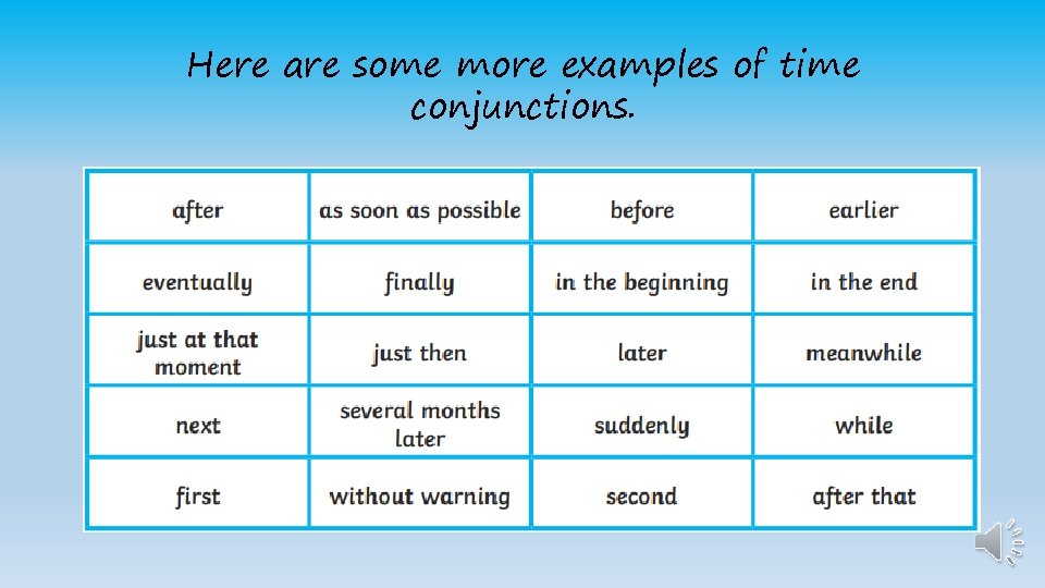 Here are some more examples of time conjunctions. 
