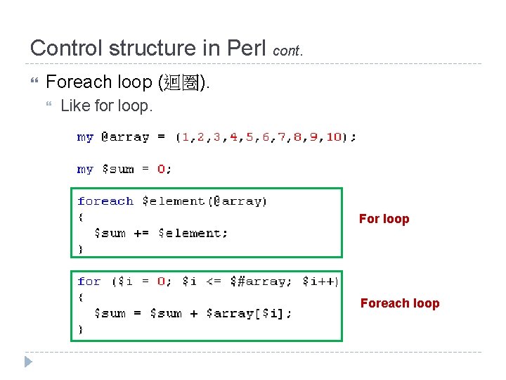 Control structure in Perl cont. Foreach loop (迴圏). Like for loop. For loop Foreach