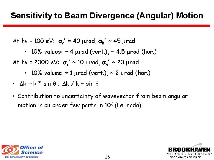 Sensitivity to Beam Divergence (Angular) Motion At hv = 100 e. V: v’ ~