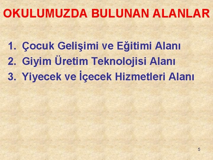 OKULUMUZDA BULUNAN ALANLAR 1. Çocuk Gelişimi ve Eğitimi Alanı 2. Giyim Üretim Teknolojisi Alanı