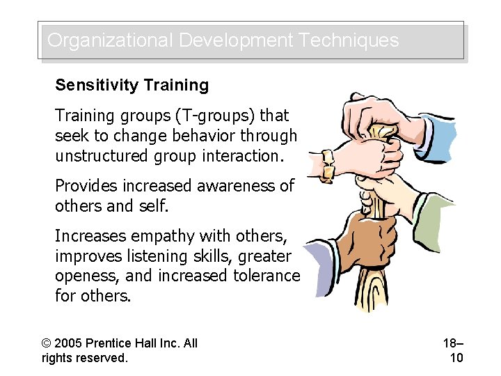 Organizational Development Techniques Sensitivity Training groups (T-groups) that seek to change behavior through unstructured