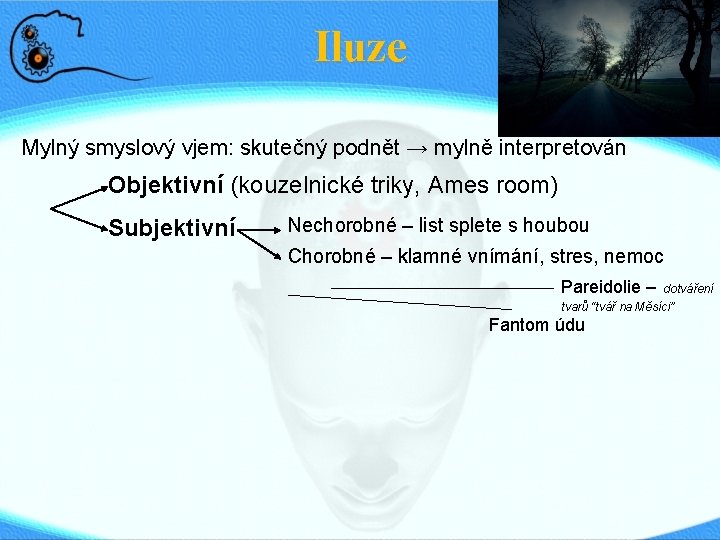 Iluze Mylný smyslový vjem: skutečný podnět → mylně interpretován Objektivní (kouzelnické triky, Ames room)