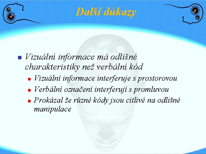 Další důkazy Vizuální informace má odlišné charakteristiky než verbální kód Vizuální informace interferuje s