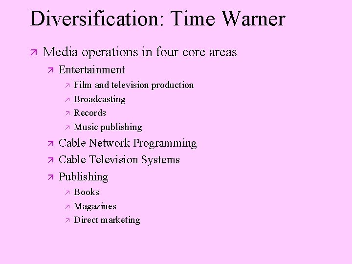 Diversification: Time Warner ä Media operations in four core areas ä Entertainment ä ä