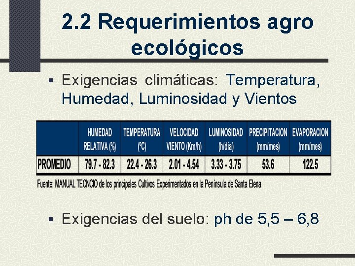 2. 2 Requerimientos agro ecológicos § Exigencias climáticas: Temperatura, Humedad, Luminosidad y Vientos §