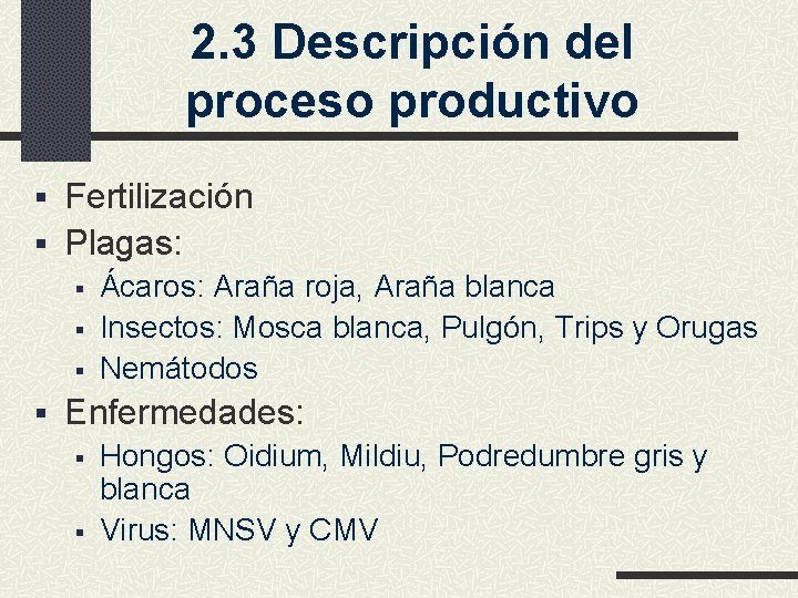 2. 3 Descripción del proceso productivo § Fertilización § Plagas: § Ácaros: Araña roja,