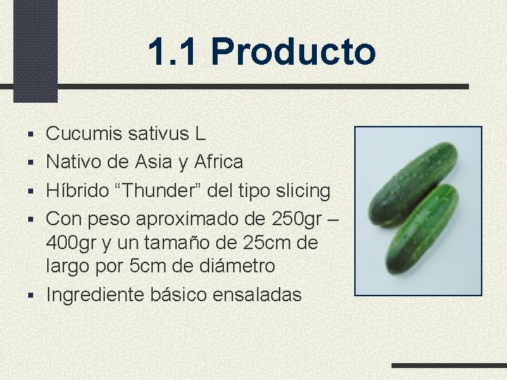 1. 1 Producto § Cucumis sativus L § Nativo de Asia y Africa §