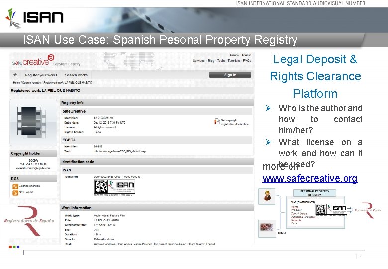 ISAN Use Case: Spanish Pesonal Property Registry Legal Deposit & Rights Clearance Platform Ø ISAN Use Case: Spanish Pesonal Property Registry Legal Deposit & Rights Clearance Platform Ø