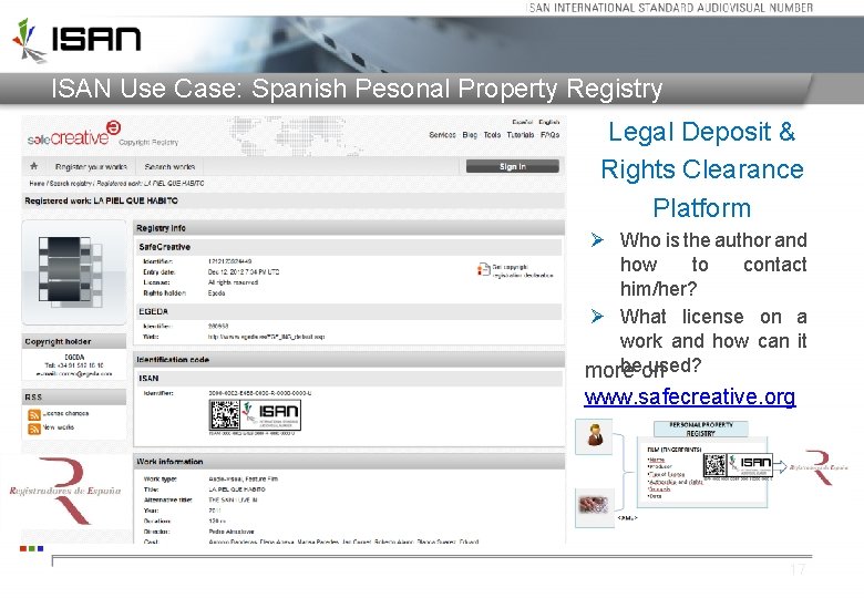 ISAN Use Case: Spanish Pesonal Property Registry Legal Deposit & Rights Clearance Platform Ø