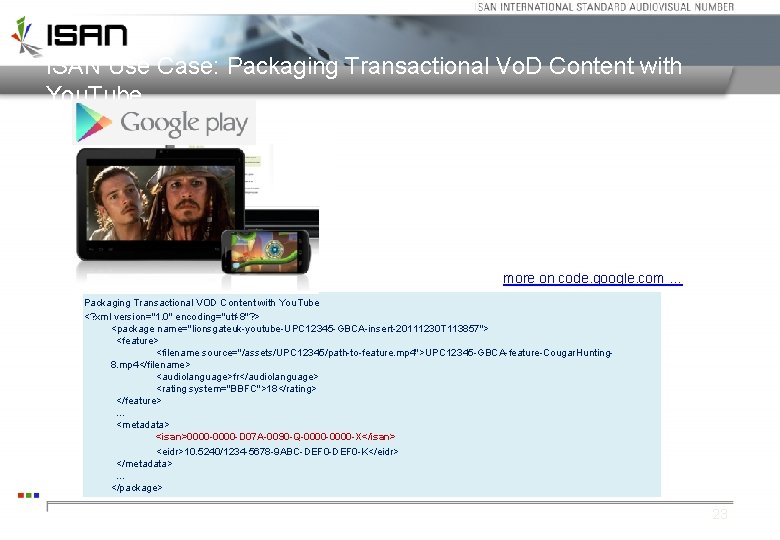 ISAN Use Case: Packaging Transactional Vo. D Content with You. Tube more on code.