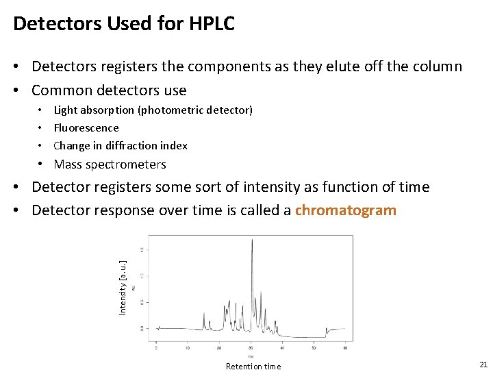 Detectors Used for HPLC • Detectors registers the components as they elute off the