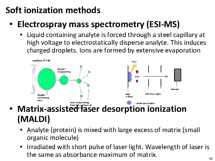 Soft ionization methods • Electrospray mass spectrometry (ESI-MS) • Liquid containing analyte is forced