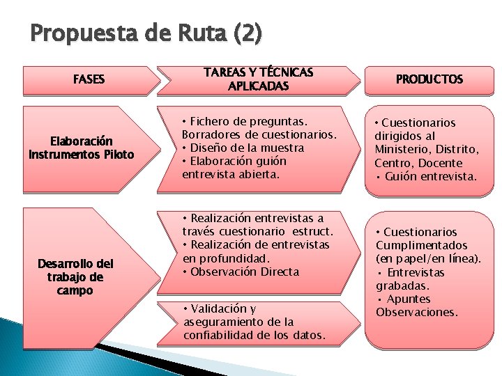 Propuesta de Ruta (2) FASES Elaboración Instrumentos Piloto Desarrollo del trabajo de campo TAREAS