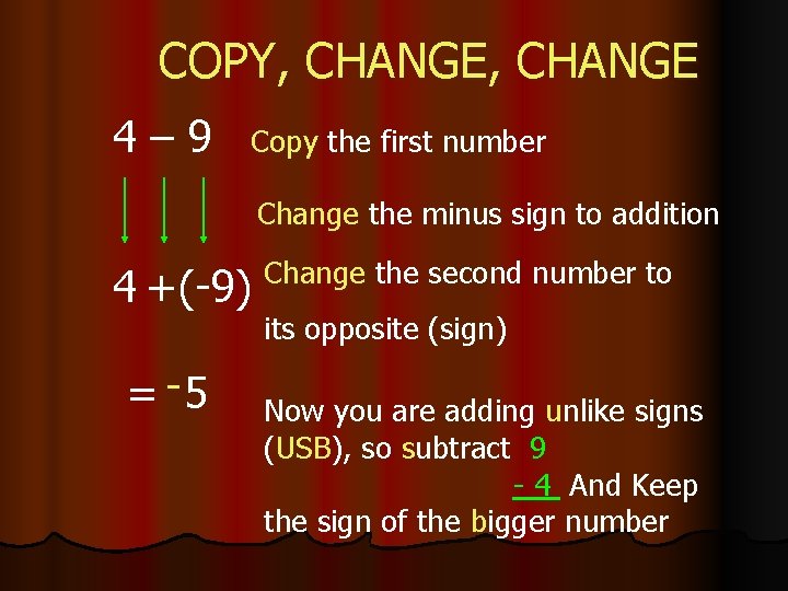 COPY, CHANGE 4– 9 Copy the first number Change the minus sign to addition