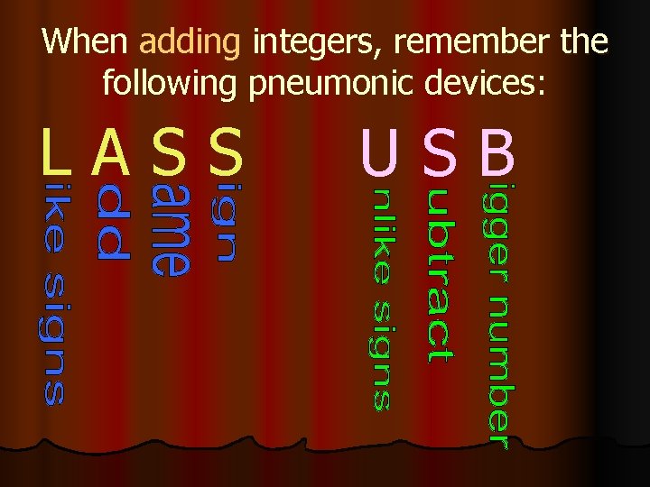 When adding integers, remember the following pneumonic devices: LASS USB 