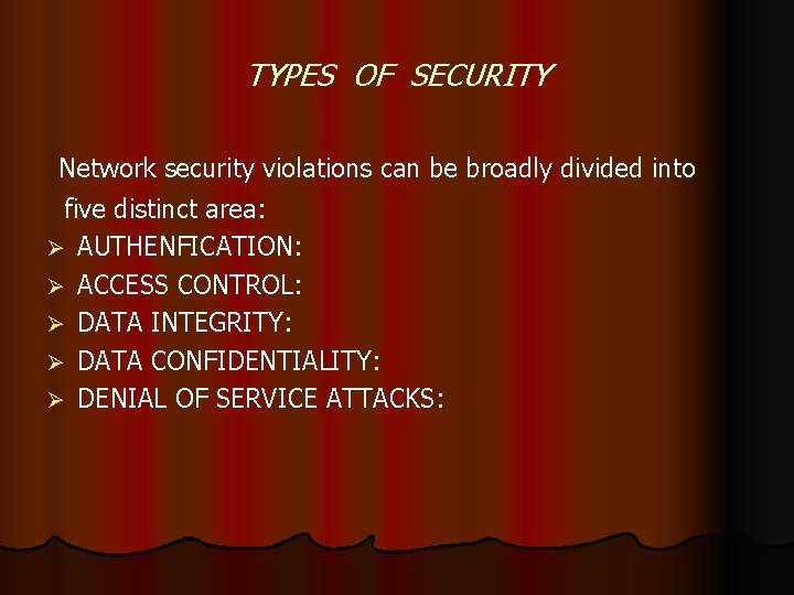TYPES OF SECURITY Network security violations can be broadly divided into five distinct area: