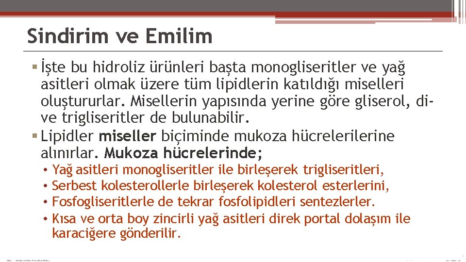 Sindirim ve Emilim İşte bu hidroliz ürünleri başta monogliseritler ve yağ asitleri olmak üzere