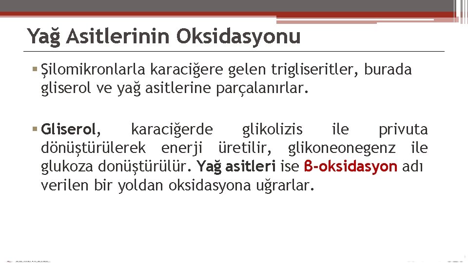 Yağ Asitlerinin Oksidasyonu Şilomikronlarla karaciğere gelen trigliseritler, burada gliserol ve yağ asitlerine parçalanırlar. Gliserol,