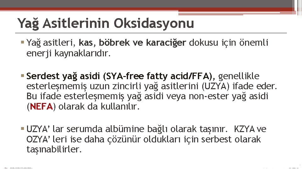 Yağ Asitlerinin Oksidasyonu Yağ asitleri, kas, böbrek ve karaciğer dokusu için önemli enerji kaynaklarıdır.