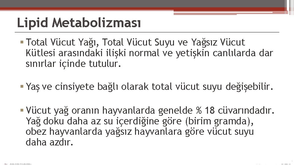 Lipid Metabolizması Total Vücut Yağı, Total Vücut Suyu ve Yağsız Vücut Kütlesi arasındaki ilişki