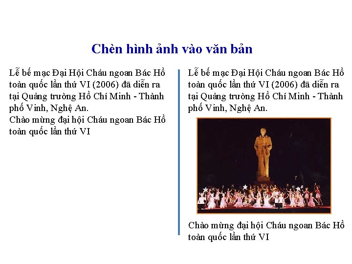 Chèn hình ảnh vào văn bản Lễ bế mạc Đại Hội Cháu ngoan Bác