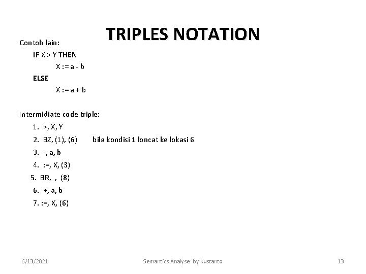 TRIPLES NOTATION Contoh lain: IF X > Y THEN X : = a -