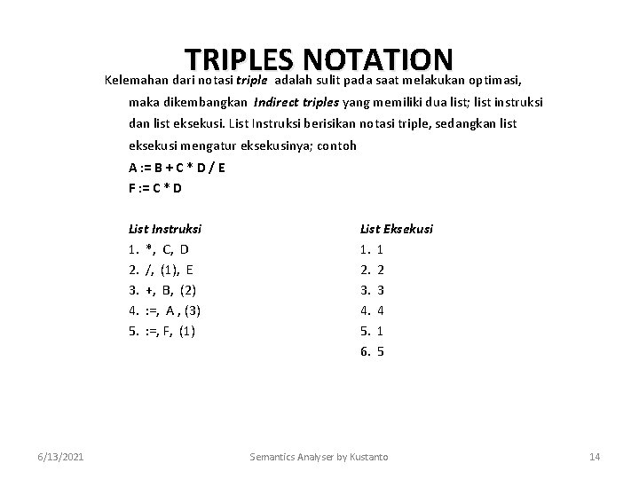 TRIPLES NOTATION Kelemahan dari notasi triple adalah sulit pada saat melakukan optimasi, maka dikembangkan
