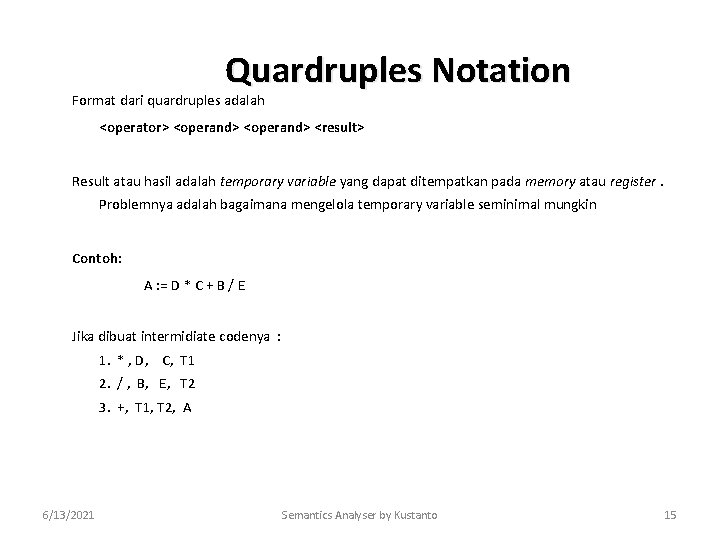 Quardruples Notation Format dari quardruples adalah <operator> <operand> <result> Result atau hasil adalah temporary