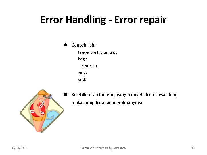 Error Handling - Error repair l Contoh lain Procedure Increment ; begin x :