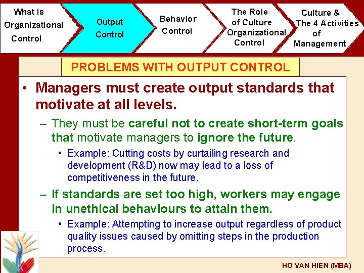 What is Organizational Control Output Control Behavior Control The Role Culture & of Culture