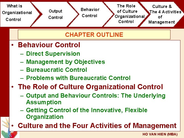 What is Organizational Control Behavior Control Output Control The Role Culture & of Culture