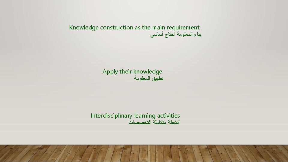 Knowledge construction as the main requirement ﺑﻨﺎﺀ ﺍﻟﻤﻌﻠﻮﻣﺔ ﺍﺣﺘﺎﺝ ﺃﺴﺎﺳﻲ Apply their knowledge ﺗﻄﺒﻴﻖ Knowledge construction as the main requirement ﺑﻨﺎﺀ ﺍﻟﻤﻌﻠﻮﻣﺔ ﺍﺣﺘﺎﺝ ﺃﺴﺎﺳﻲ Apply their knowledge ﺗﻄﺒﻴﻖ