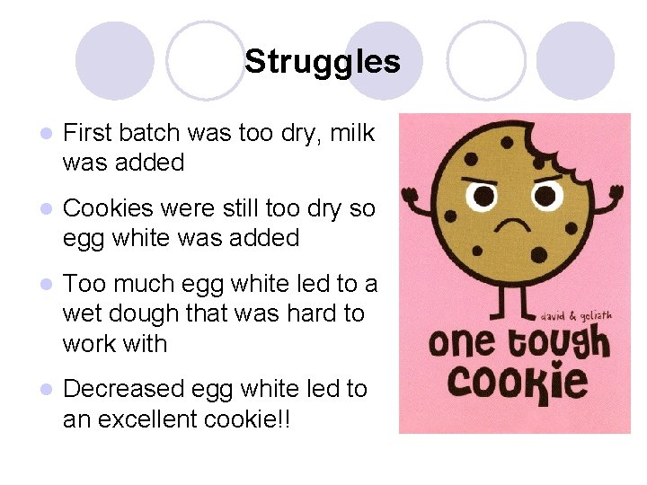 Struggles l First batch was too dry, milk was added l Cookies were still