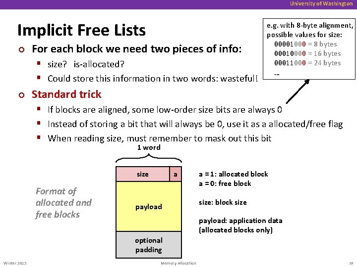 University of Washington Implicit Free Lists ¢ For each block we need two pieces