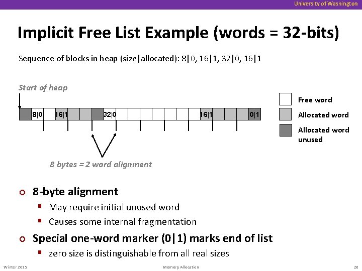 University of Washington Implicit Free List Example (words = 32 -bits) Sequence of blocks