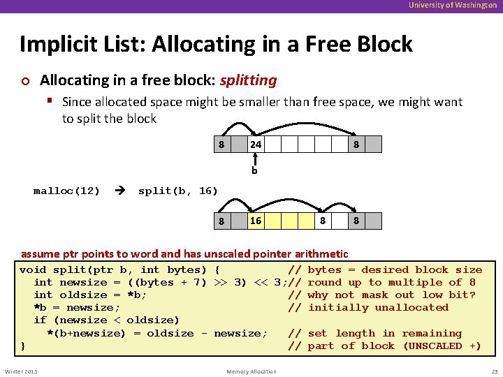 University of Washington Implicit List: Allocating in a Free Block Allocating in a free
