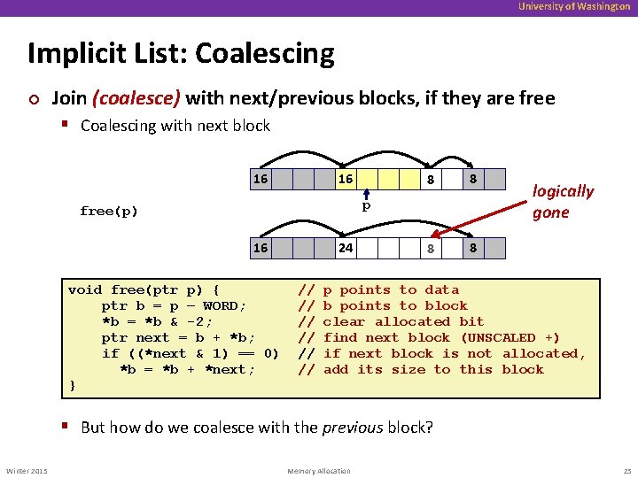 University of Washington Implicit List: Coalescing ¢ Join (coalesce) with next/previous blocks, if they