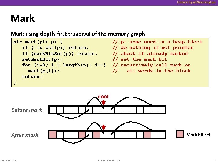 University of Washington Mark using depth-first traversal of the memory graph ptr mark(ptr p)