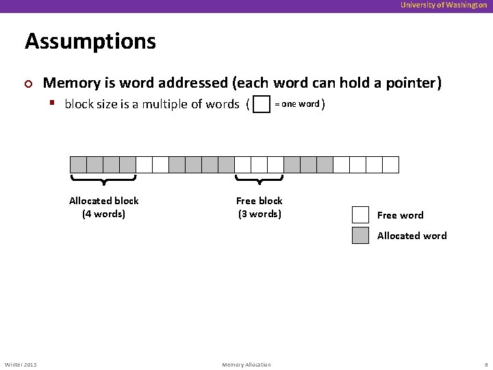 University of Washington Assumptions ¢ Memory is word addressed (each word can hold a