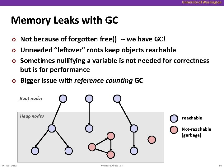 University of Washington Memory Leaks with GC ¢ ¢ Not because of forgotten free()