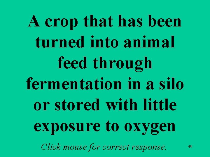 A crop that has been turned into animal feed through fermentation in a silo A crop that has been turned into animal feed through fermentation in a silo