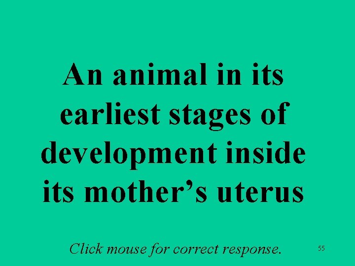 An animal in its earliest stages of development inside its mother’s uterus Click mouse An animal in its earliest stages of development inside its mother’s uterus Click mouse