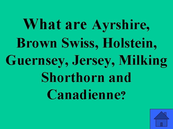 What are Ayrshire, Brown Swiss, Holstein, Guernsey, Jersey, Milking Shorthorn and Canadienne? 59 What are Ayrshire, Brown Swiss, Holstein, Guernsey, Jersey, Milking Shorthorn and Canadienne? 59
