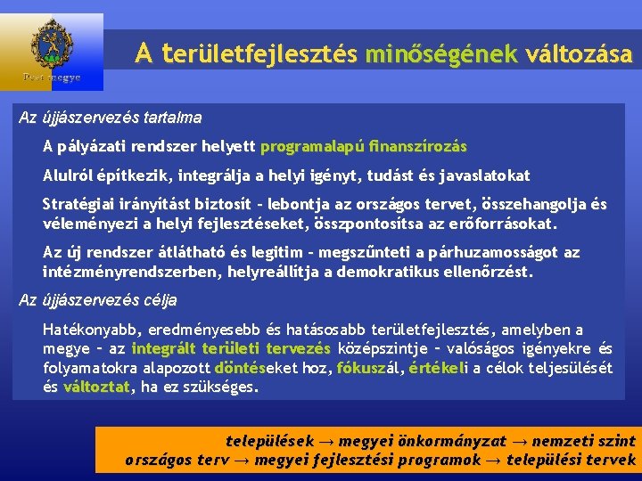 A területfejlesztés minőségének változása Az újjászervezés tartalma A pályázati rendszer helyett programalapú finanszírozás Alulról