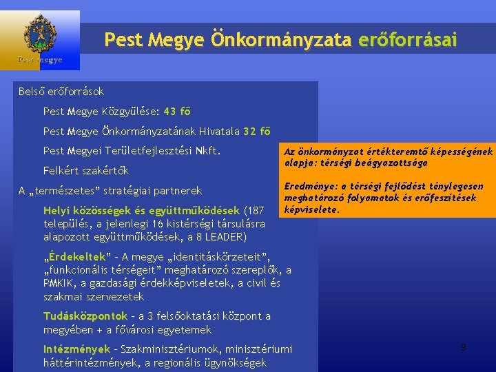 Pest Megye Önkormányzata erőforrásai Belső erőforrások Pest Megye Közgyűlése: 43 fő Pest Megye Önkormányzatának