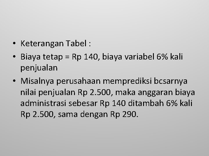  • Keterangan Tabel : • Biaya tetap = Rp 140, biaya variabel 6%