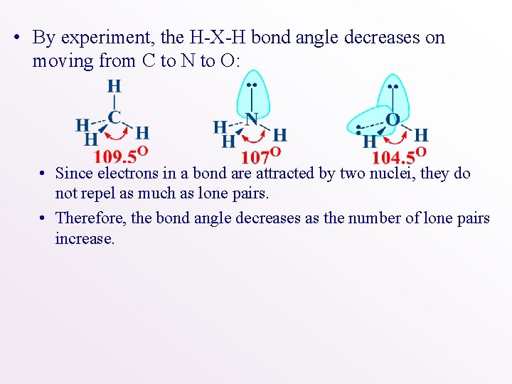  • By experiment, the H-X-H bond angle decreases on moving from C to