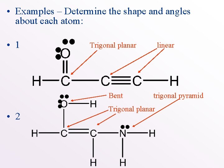  • Examples – Determine the shape and angles about each atom: • 1