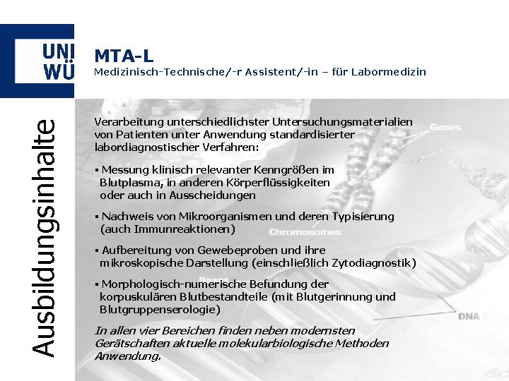 MTA-L Ausbildungsinhalte Medizinisch-Technische/-r Assistent/-in – für Labormedizin Verarbeitung unterschiedlichster Untersuchungsmaterialien von Patienten unter Anwendung