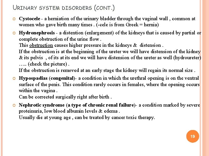 URINARY SYSTEM DISORDERS (CONT. ) Cystocele - a herniation of the urinary bladder through